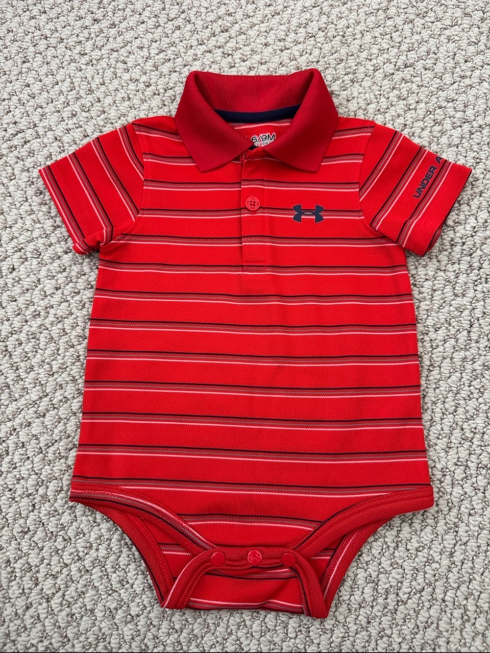 LIKE NEW Under Armour Red Striped Polo Onesie (Size 6-9 months)